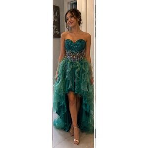 Emerald Green High Low Dress Sequin Crystal Embellished Ruffle Gown Strapless SM